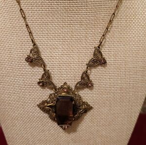 Antique Vintage Purple Czech Glass Brass Pendant Necklace